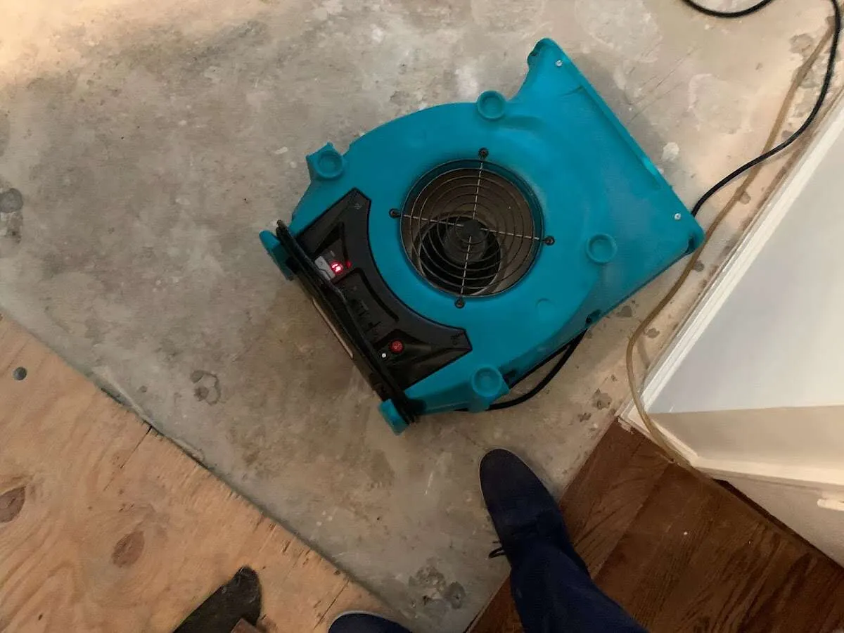 Air mover drying subfloor during Leak Detection & Repair in Denton
